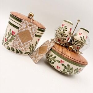 Hand Painted Ceramic Kitchen Set Canister Bowl Salt Pepper Shakers Wood Lids